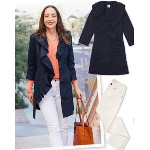 Cabi NWOT Navy Blue #6024 Pose Ruffle Front Button Up Jacket Coat Size Large